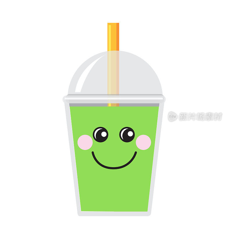 Happy Emoji Kawaii face on Bubble or Boba Tea Matcha green tea Flavor Full color Icon on white background